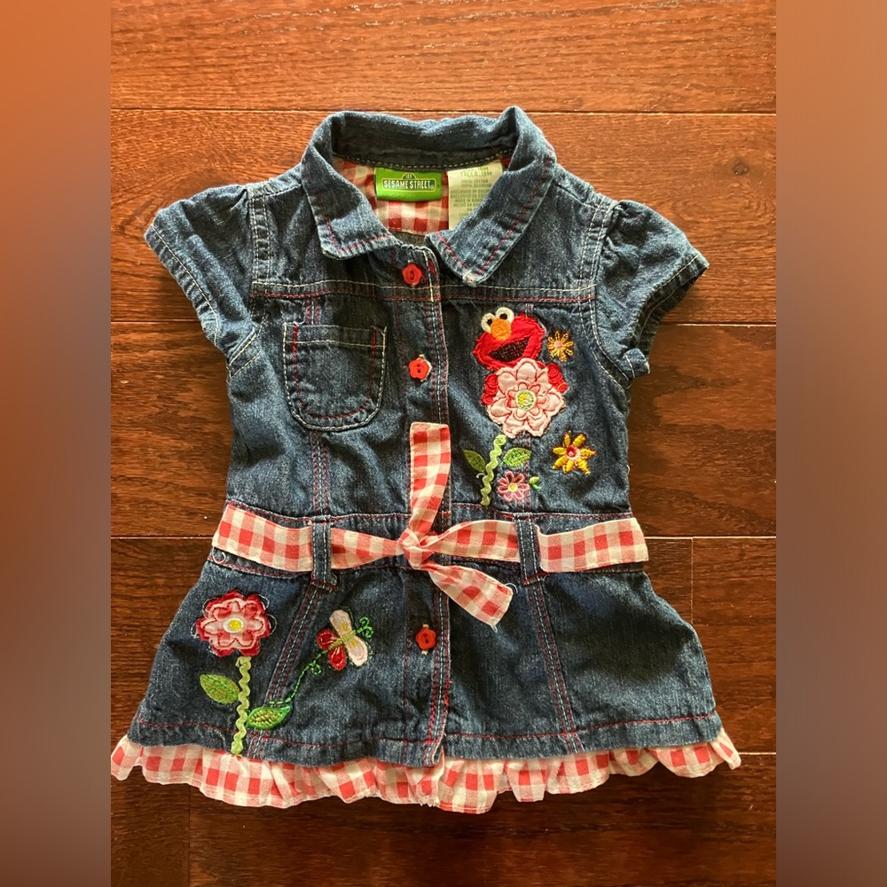 Vintage Elmo Flower Gingham Denim Shirt 18mo